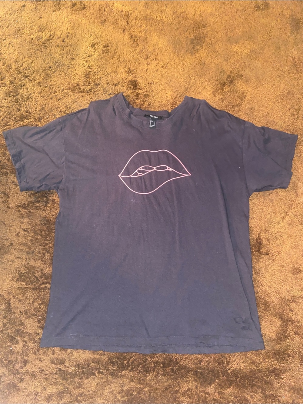 Forever 21 Distress Black Tee with Pink Lip Graphic